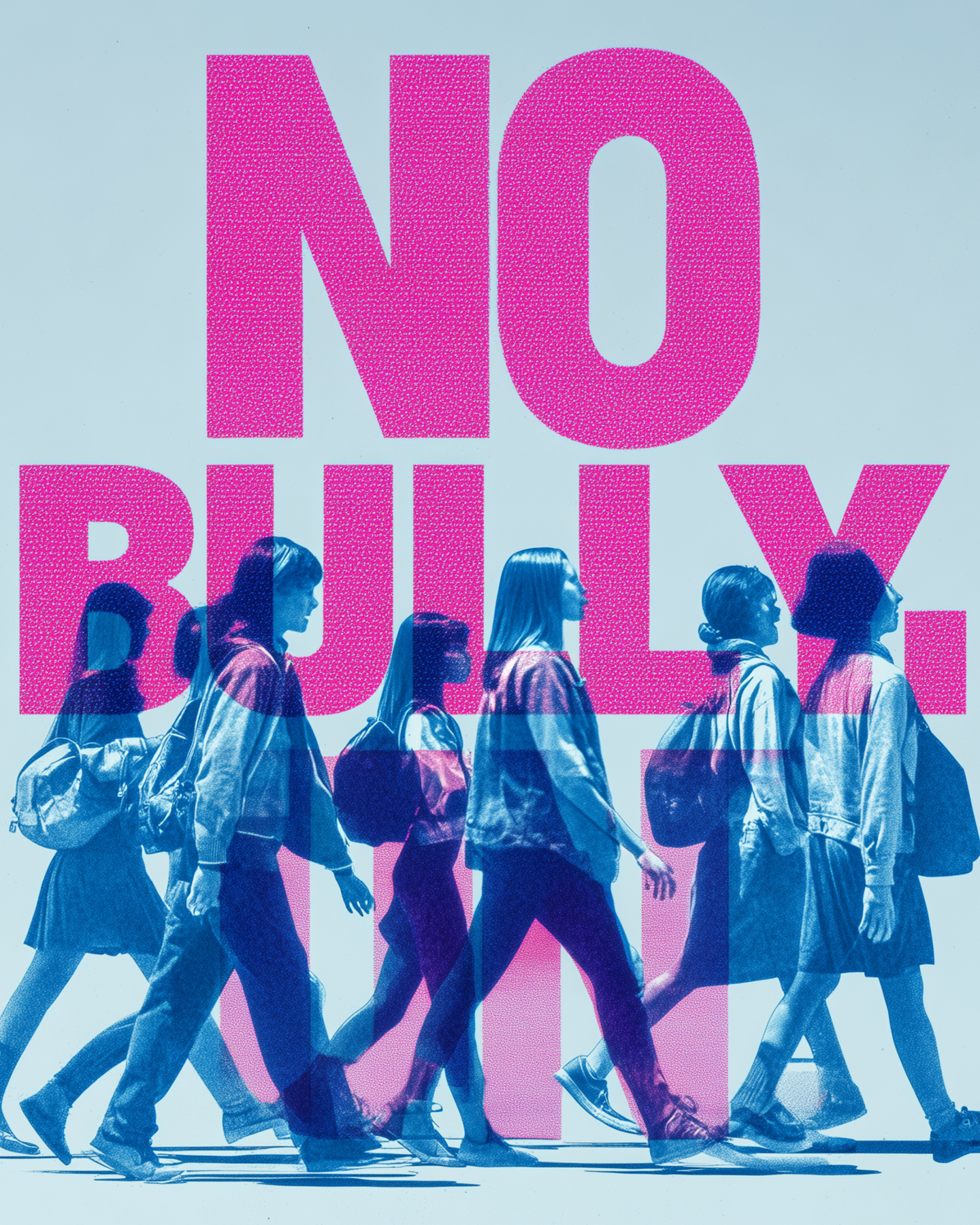 Plakat mit pinker Riesenschrift NO BULLY und Schulkindern, die vorbeigehen