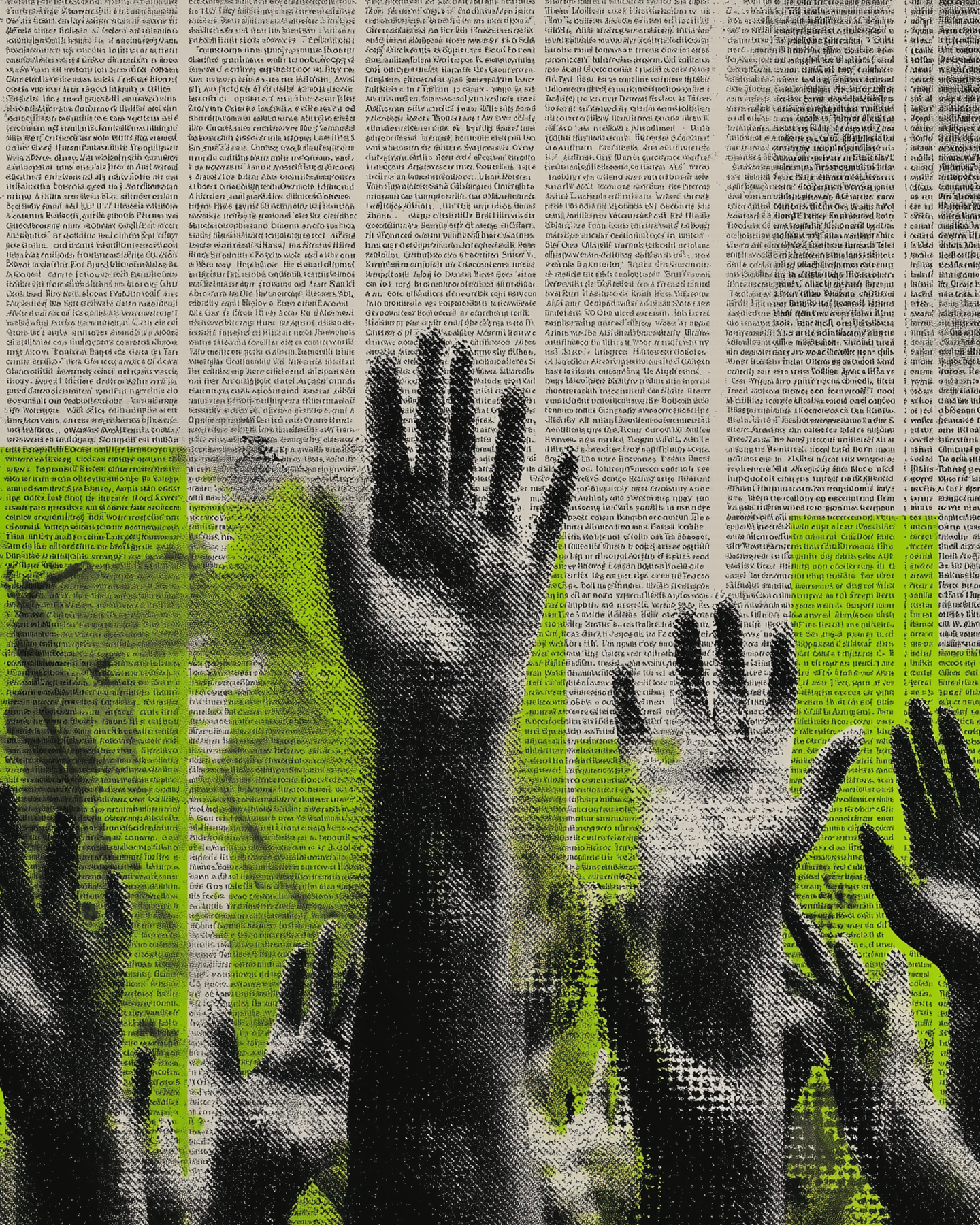 Zeitungs-Collage mit erhobenen Händen in Schwarz vor neongrünem Hintergrund