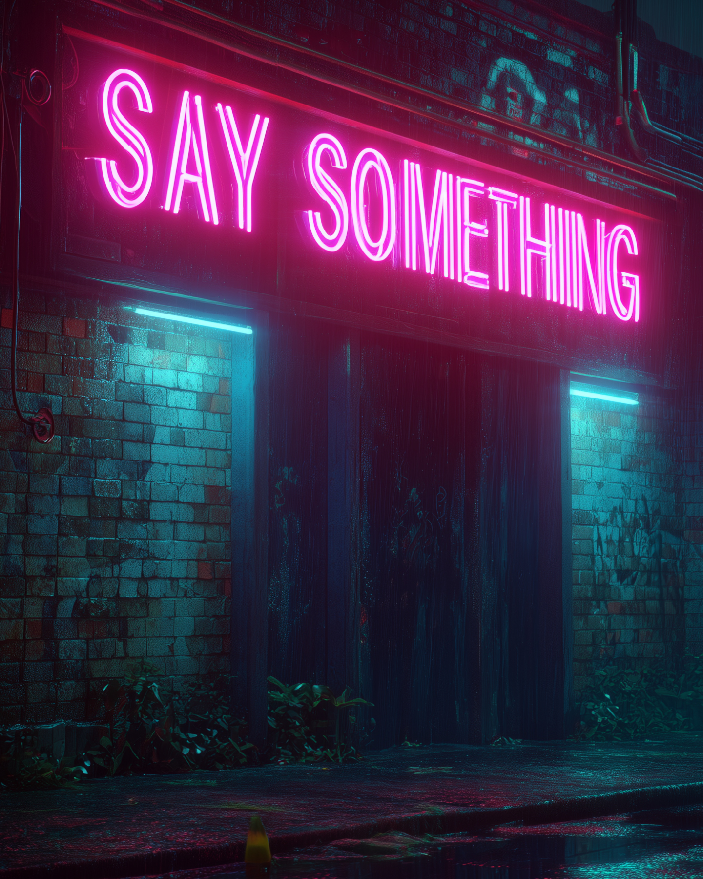 Pink leuchtende Neonschrift SAY SOMETHING an einer Backsteinwand bei Nacht